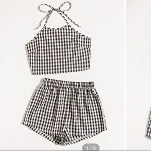 Check halter crop top shorts set.